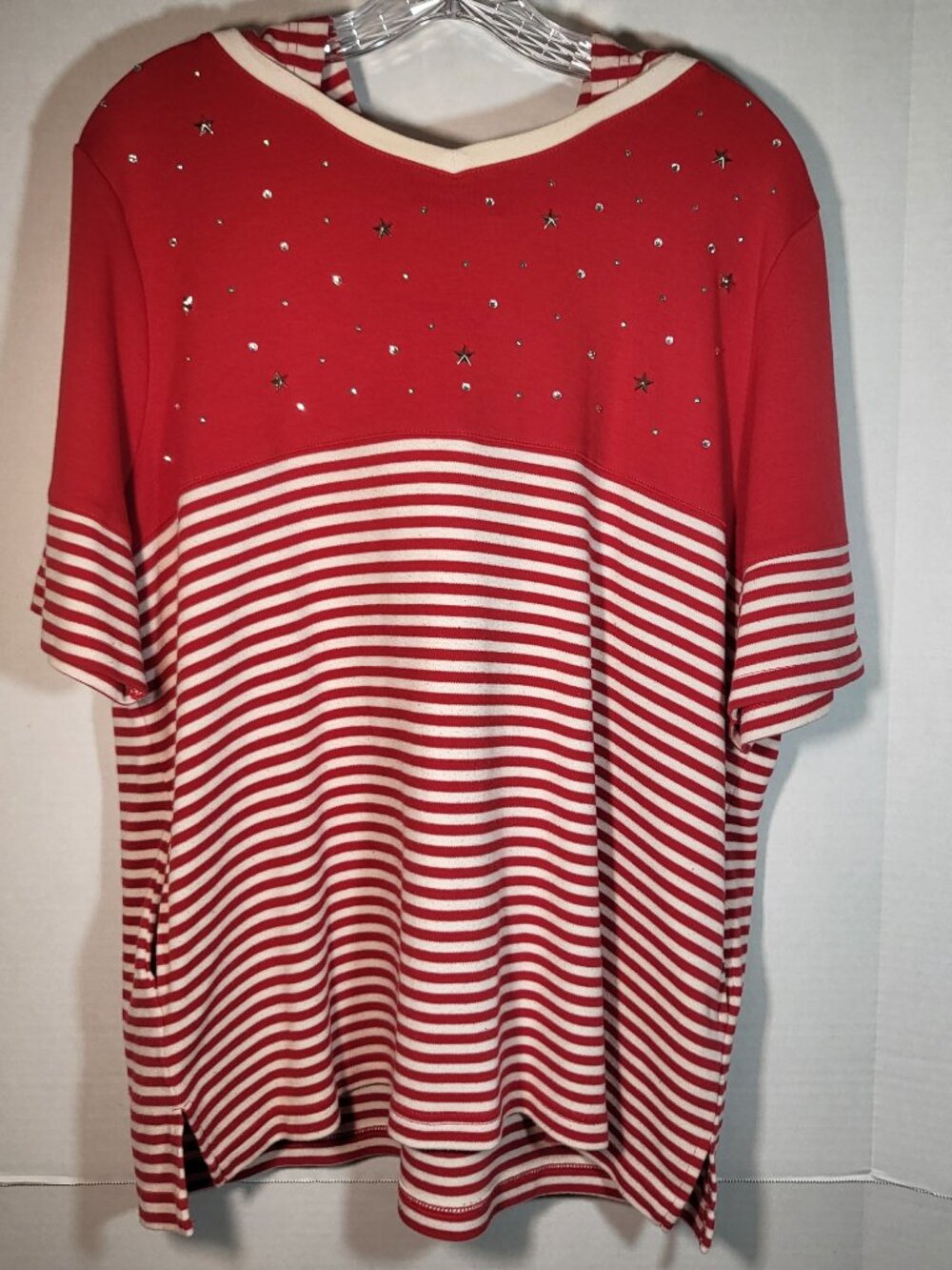 Quacker Factory Women's Stars & Stripes Hooded Top Size XL Red/White